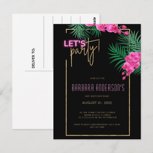 Laten we feestelijke zwarte gouden neon tropische  briefkaart (Voorkant / Achterkant)