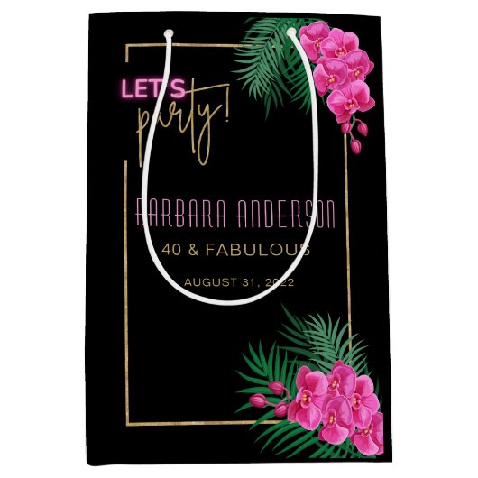 Laten we feestelijke zwarte gouden neon tropische  medium cadeauzakje (Voorkant)