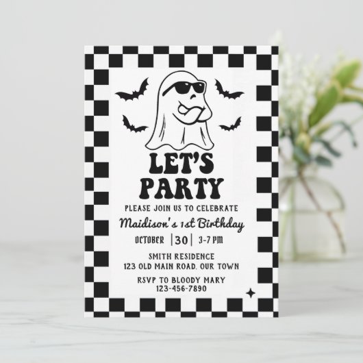 Laten we feesten 1e verjaardag Halloween Party Kaart (Staand voorkant)
