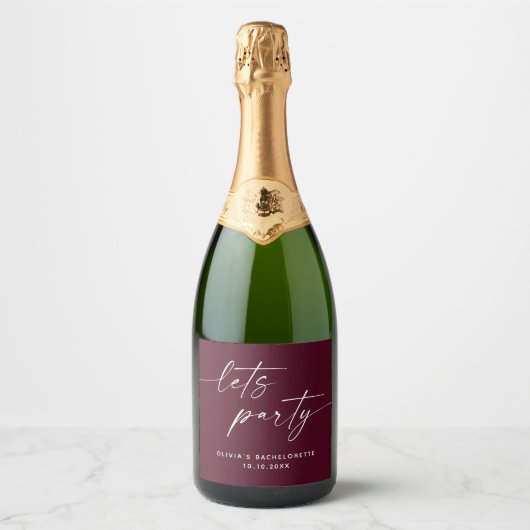 Laten we feesten. Bourgondisch modern script bache Sparkling Wijnetiket (Voorkant)