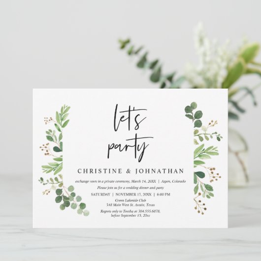 Laten we feesten, bruiloft Elopement Celebration Kaart (Staand voorkant)