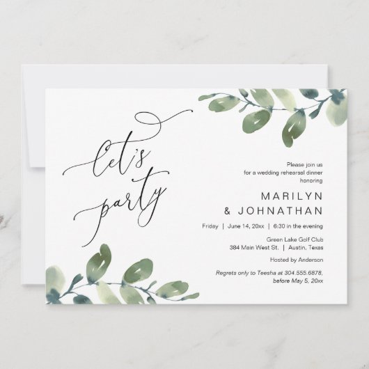 Laten we feesten, bruiloft repetitie diner, eucaly kaart (Voorkant)