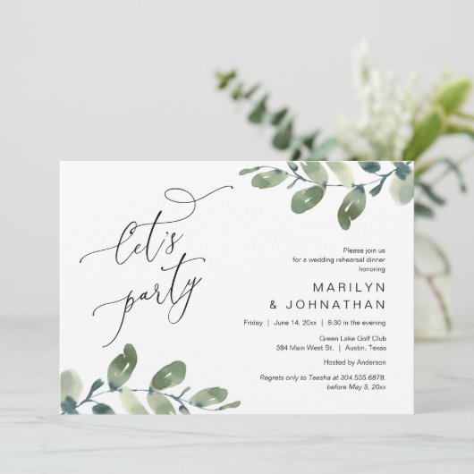 Laten we feesten, bruiloft repetitie diner, eucaly kaart (Staand voorkant)