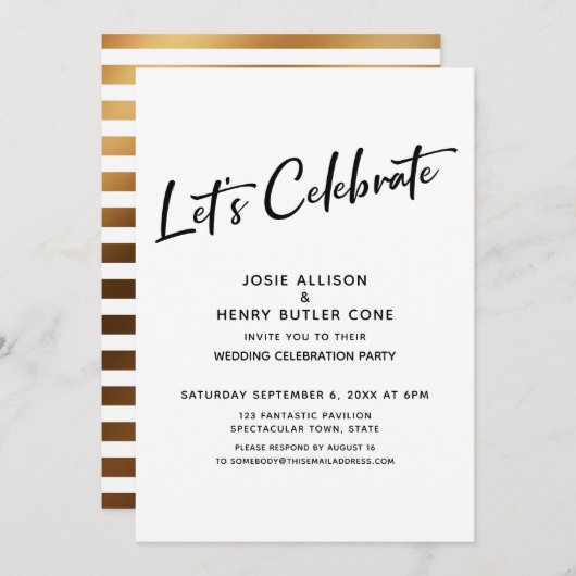 Laten we feesten Bruiloftsreceptie + Gouden streep Kaart (Voorkant / Achterkant)