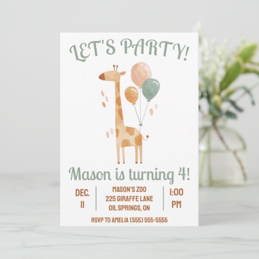 Laten we feesten! Giraffe met ballonnen Verjaardag Kaart (Staand voorkant)