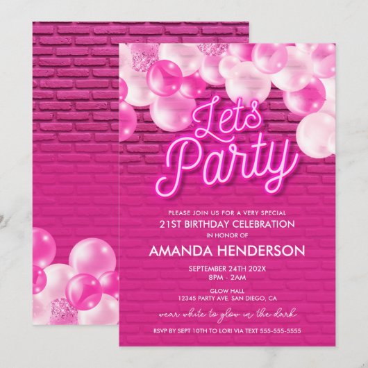 Laten we feesten gloed roze verjaardag uitnodiging (Voorkant / Achterkant)