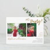 Laten we feesten - Gold 2 Foto Graduation Party Kaart (Staand voorkant)