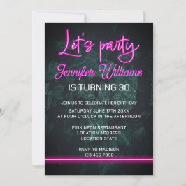 Laten we feesten met hete roze neon script geblade kaart