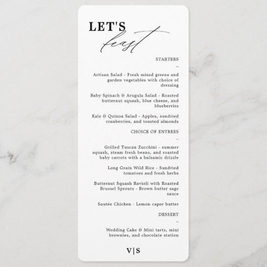 Laten we feesten moderne kalligrafie zwart bruilof menu (Voorkant)