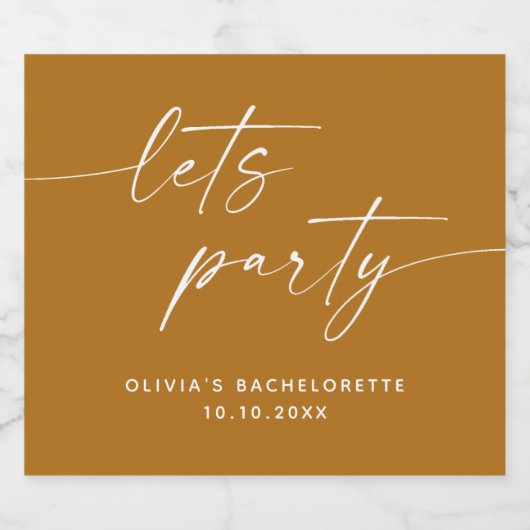 Laten we feesten. Mustard Brown script bachelorett Sparkling Wijnetiket (Enkel label)