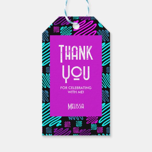 Laten we feesten Neon Paarse Blauw Geometrisch Dan Cadeaulabel (Voorkant)