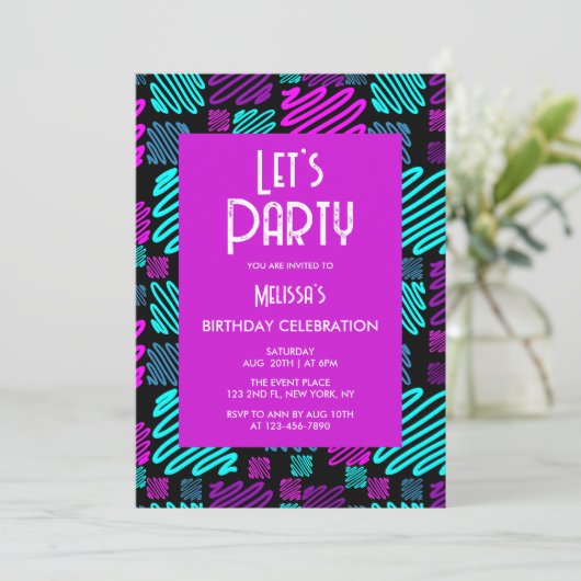 Laten we feesten Neon Paarse Blauwe Geometrische V Kaart (Staand voorkant)