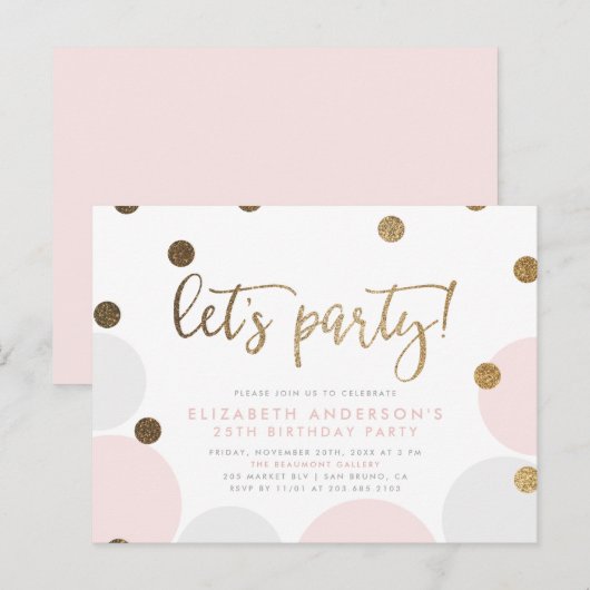 Laten we feesten! | Pink Bubbles Gold Script Verja Uitnodiging Briefkaart (Voorkant / Achterkant)