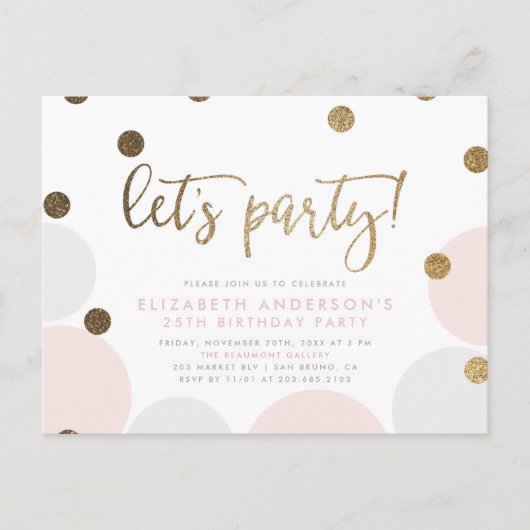 Laten we feesten! | Pink Bubbles Gold Script Verja Uitnodiging Briefkaart (Voorkant)