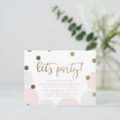 Laten we feesten! | Pink Bubbles Gold Script Verja Uitnodiging Briefkaart (Staand voorkant)