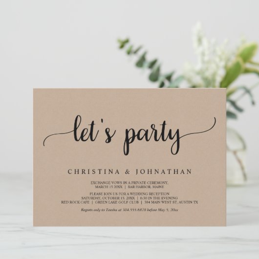 Laten we feesten, Rustic Brown Kraft Elopement Par Kaart (Staand voorkant)