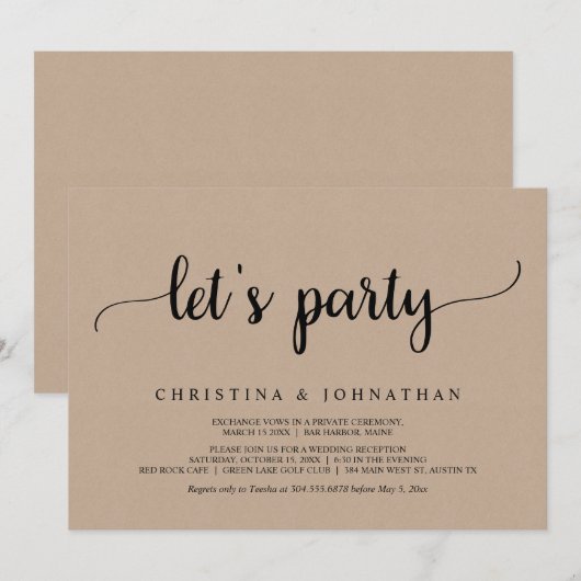 Laten we feesten, Rustic Brown Kraft Elopement Par Kaart (Voorkant / Achterkant)