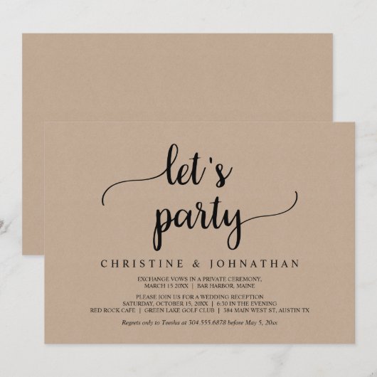 Laten we feesten, Rustic Brown Kraft Trouw Elopeme Kaart (Voorkant / Achterkant)