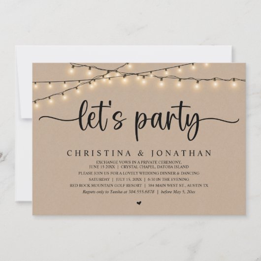 Laten we feesten, Rustic Wedding Dinner Elopement Kaart (Voorkant)