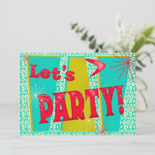 Laten we feesten! Uitnodiging in vette retro turko (Staand voorkant)