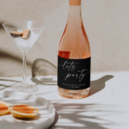 Laten we feesten. Zwart modern script bachelorette Sparkling Wijnetiket