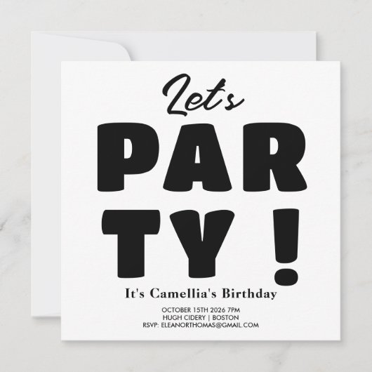 Laten we feesten! Zwart & Wit Gestreept Vet Script Kaart (Voorkant)