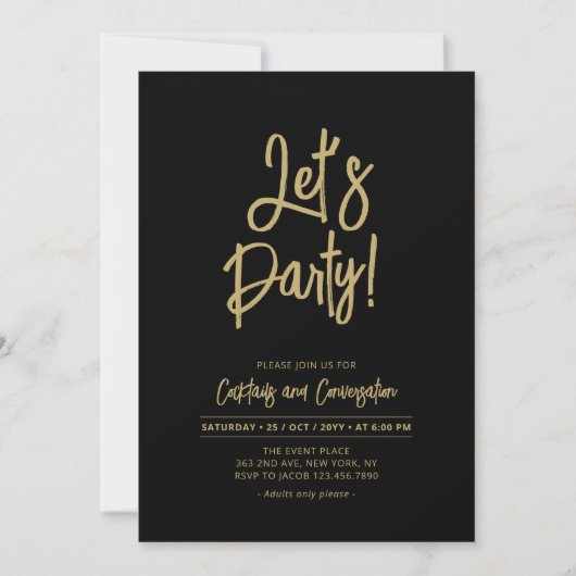 Laten we feesten | Zwarte Chic Script Cocktailpart Kaart (Voorkant)