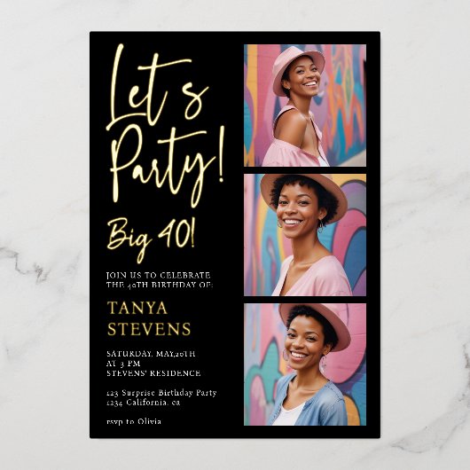 Laten we feestfoto wit zwart veertig verjaardag go folie uitnodiging (Voorkant)