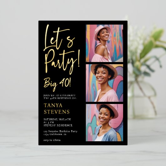Laten we feestfoto wit zwart veertig verjaardag go folie uitnodiging (Staand Voorkant)