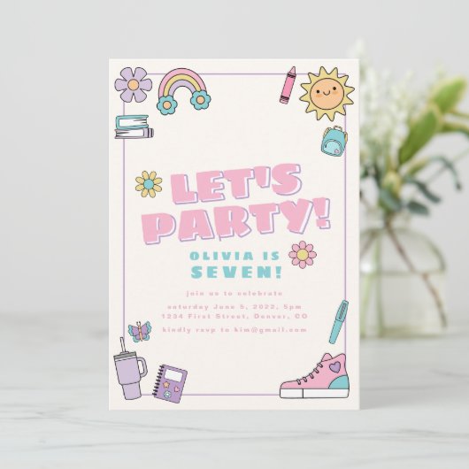 Laten we feestroze Paarse iconen verjaardagsuitnod Kaart (Staand voorkant)