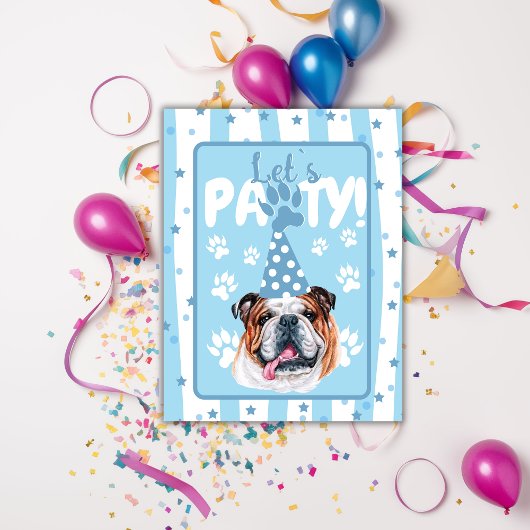 Laten we feestvieren bulldog illustratie blauwe ve briefkaart