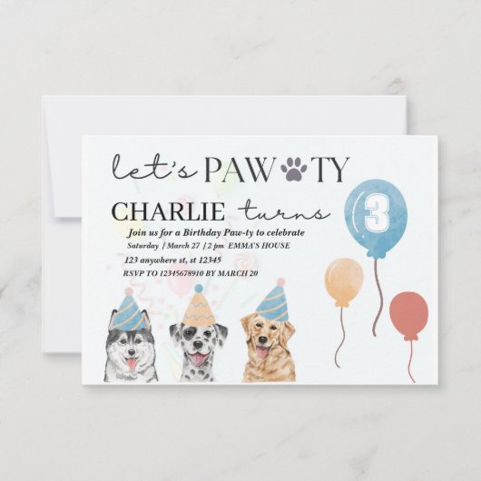 laten we feestvieren hond verjaardagsuitnodiging RSVP kaartje (Voorkant)