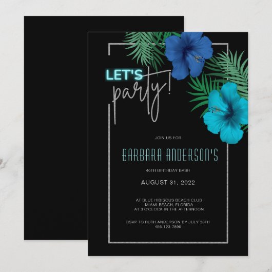 Laten we feestzwarte blauwe neon tropische 40ste v kaart (Voorkant / Achterkant)