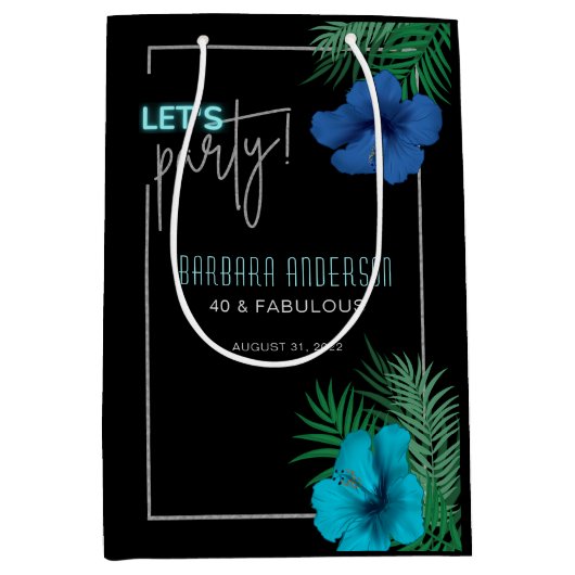 Laten we feestzwarte blauwe neon tropische 40ste v medium cadeauzakje (Voorkant)