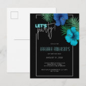 Laten we feestzwarte blauwe neon tropische 40ste v uitnodiging briefkaart (Voorkant / Achterkant)