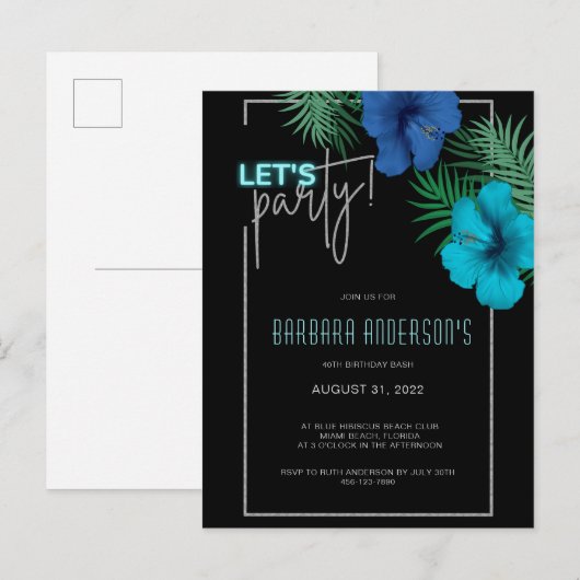 Laten we feestzwarte blauwe neon tropische 40ste v uitnodiging briefkaart (Voorkant / Achterkant)