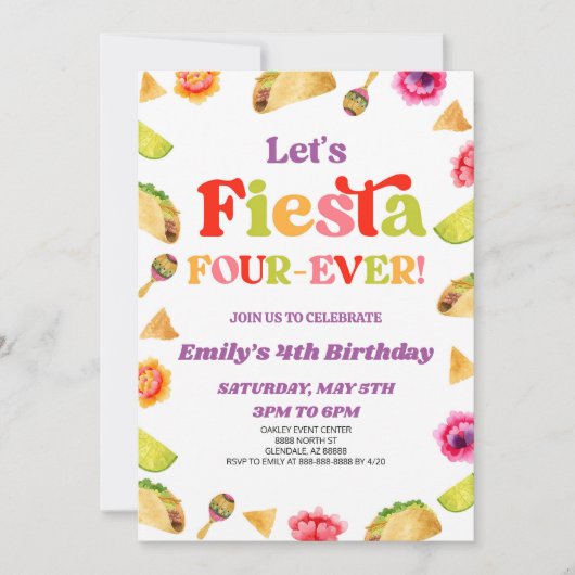 Laten we Fiesta Four Ever Taco 4e Verjaardagsfeest Kaart (Voorkant)