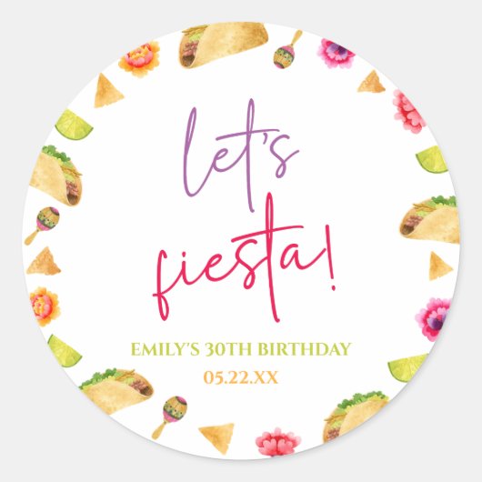 Laten we Fiesta Taco Mexicaans Fiesta Verjaardagsf Ronde Sticker (Voorkant)
