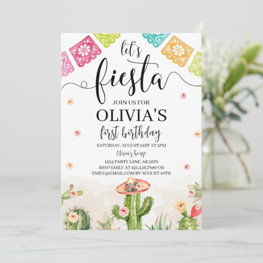 Laten we Fiesta Verjaardag uitnodiging Wit (Staand voorkant)
