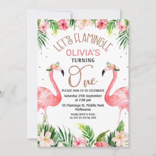 Laten we flamingeren flamingo 1e verjaardag uitnod kaart (Voorkant)