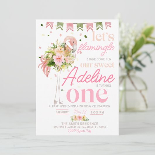 Laten we Flamingle 1e Verjaardag uitnodiging, Flam Kaart (Staand voorkant)