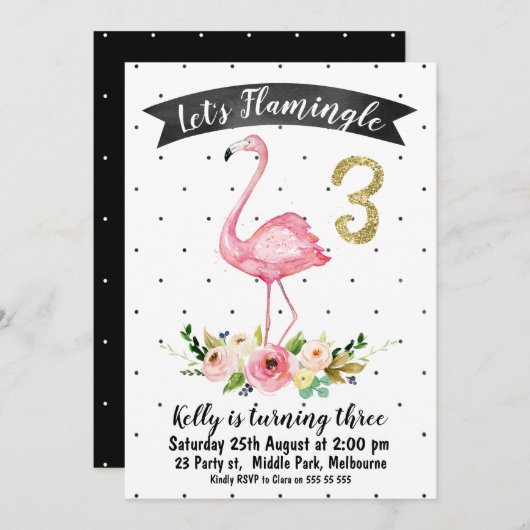Laten we flamingle 3e verjaardag uitnodiging voor (Voorkant / Achterkant)