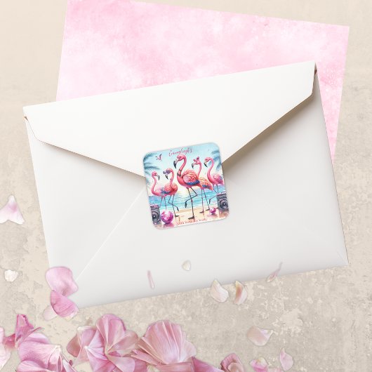 Laten we Flamingle Beach Party Verjaardag Vierkante Sticker