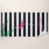 Laten we Flamingle Black en White Striped Flamingo Strandlaken (Voorkant)