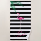 Laten we Flamingle Black en White Striped Flamingo Strandlaken (Voorkant)
