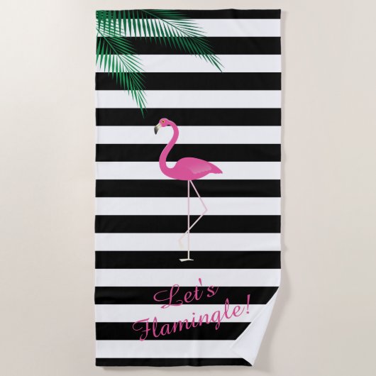 Laten we Flamingle Black en White Striped Flamingo Strandlaken (Voorkant)