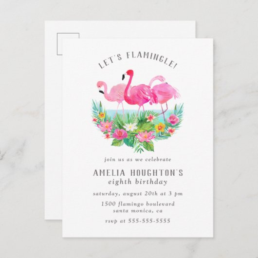 Laten we Flamingle Flamingo Lagoon Birthday Party Uitnodiging Briefkaart (Voorkant / Achterkant)