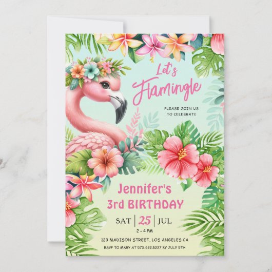 Laten we Flamingle Meisjes Roze Flamingo 3e Verjaa Kaart (Voorkant)