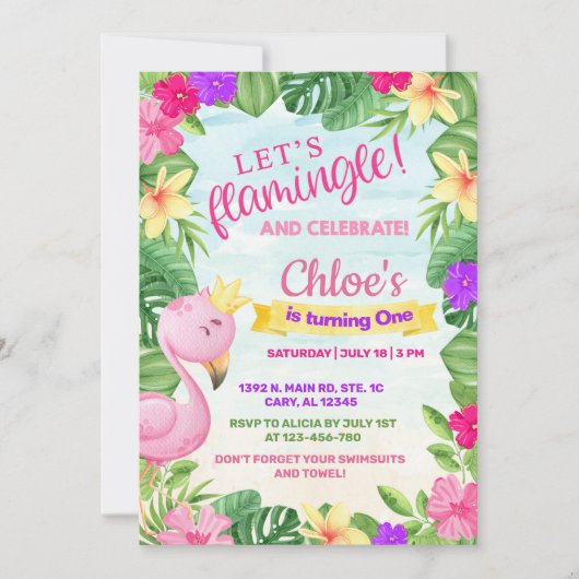 Laten we flamingle nemen, meisje flamingo's verjaa kaart (Voorkant)