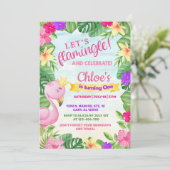 Laten we flamingle nemen, meisje flamingo's verjaa kaart (Staand voorkant)